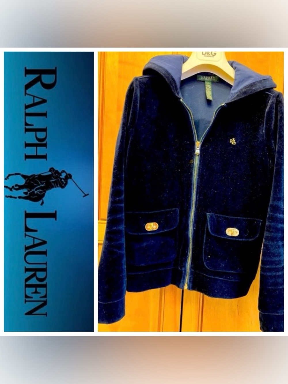 Ralph Lauren Velour Logo Hoodie Size Small Navy Blue Gold details Full Zip